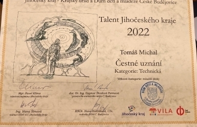TALENT JIHOČESKÉHO KRAJE A ČESTNÉ UZNÁNÍ PRO TOMÁŠE MICHALA