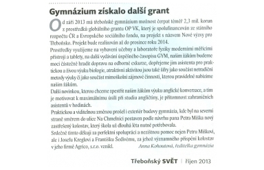 Třeboňský svět X/2013 - Gymnázium získalo další grant